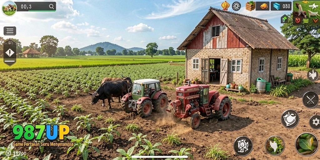 Screenshot gameplay 987UP yang menunjukkan aktivitas bertani.
