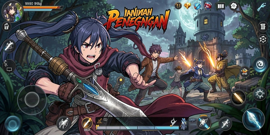 Screenshot gameplay dari 9939 menunjukkan serunya pertempuran karakter Anime.
