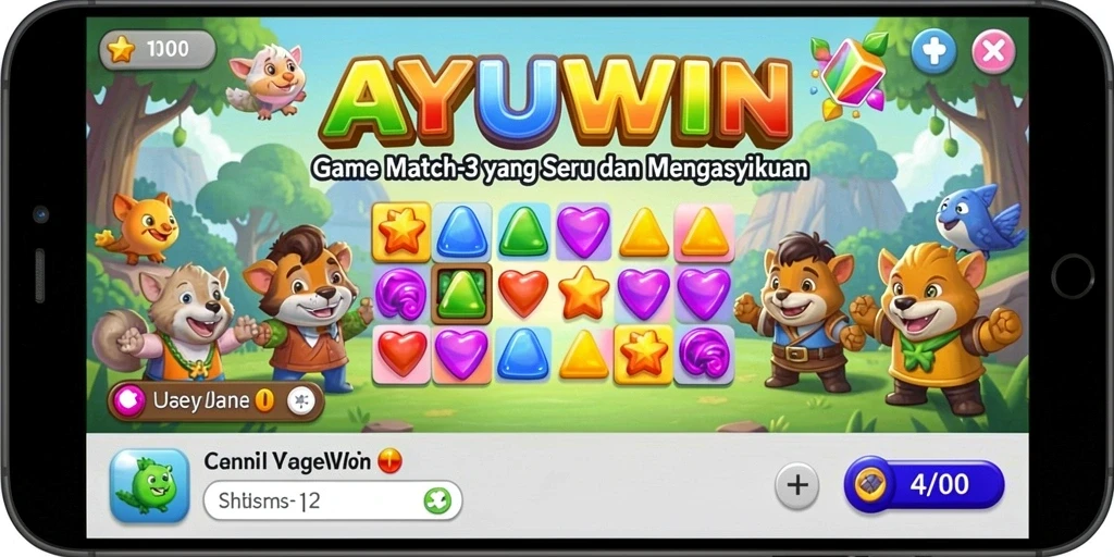 Screenshot utama AYUWIN menampilkan gameplay mencocokkan item Match-3.