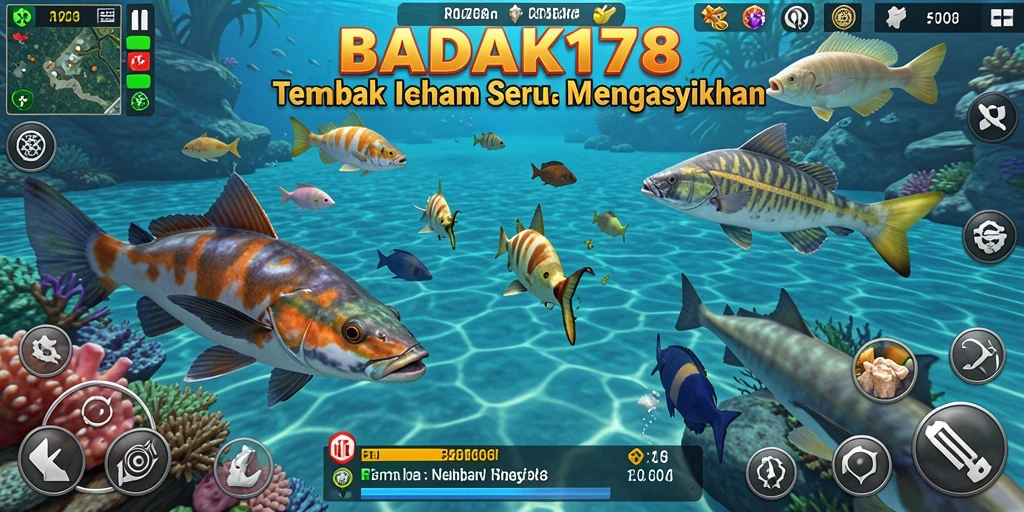 Screenshot menunjukkan pemain sedang menembak ikan dengan senapan canggih.