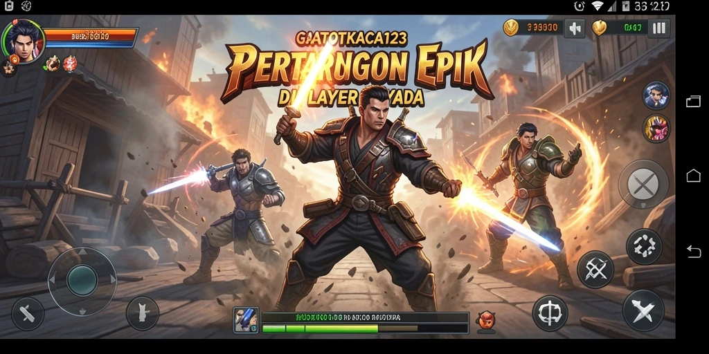 Tampilan gameplay GATOTKACA123 dengan pertarungan seru antar karakter.