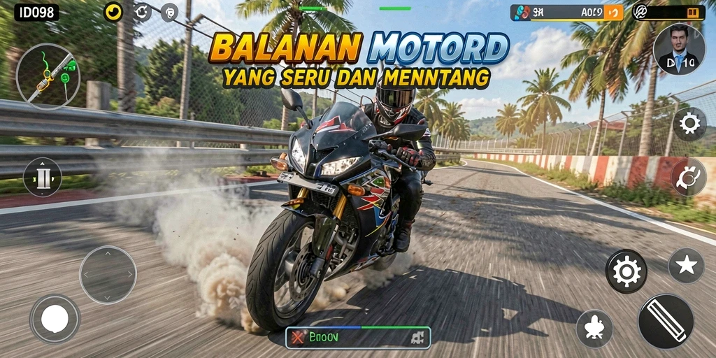 Screenshot ID098 menampilkan aksi balapan motor yang mendebarkan.