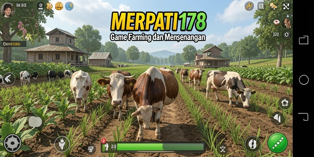 Tangkapan layar permainan menunjukkan ladang subur dalam <strong>MERPATI178</strong> dengan berbagai tanaman dan hewan.