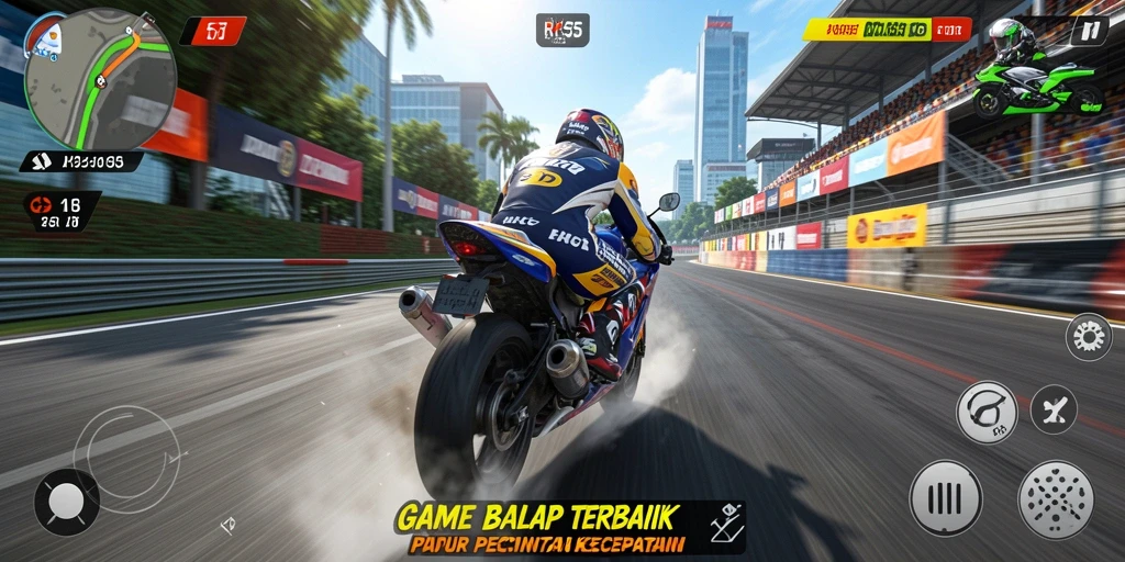 Screenshot RK55 menampilkan balapan motor yang mendebarkan di lintasan yang menantang.