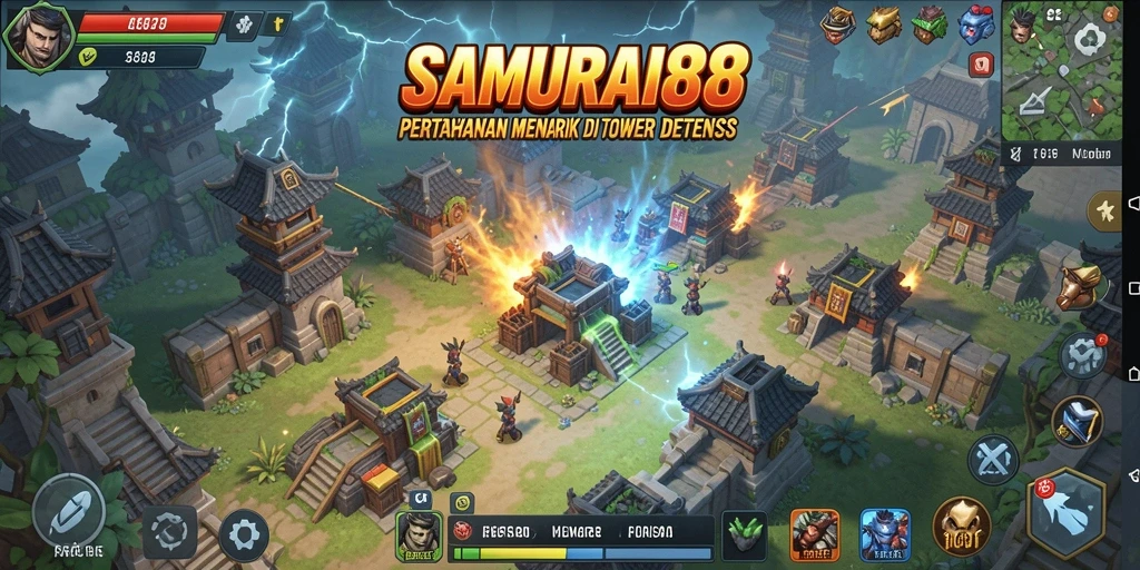 Menampilkan gameplay seru dalam pertahanan menara di SAMURAI88.