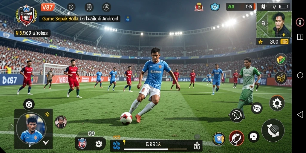 Screenshot gameplay V87 menampilkan aksi sepak bola yang mendebarkan.