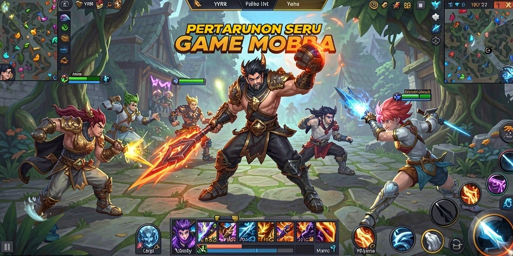Tampilan seru dari permainan MOBA YYRR dengan karakter beragam.